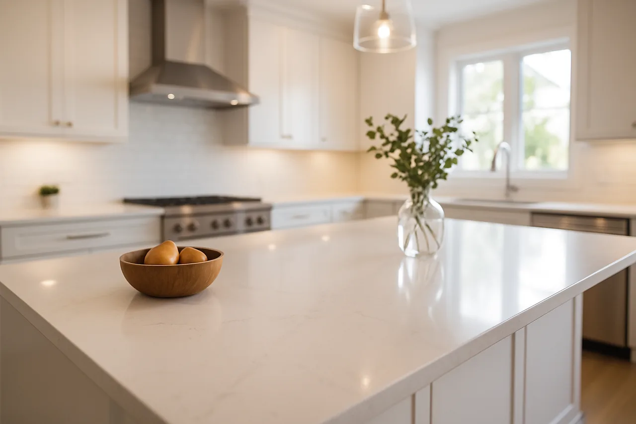 A finished kitchen surface — material, service, and room resolved into one clear decision